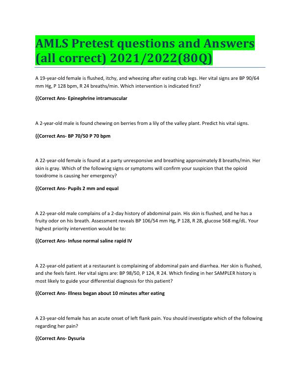 AMLS Pretest questions and Answers  (all correct) 2021/2022(80Q)