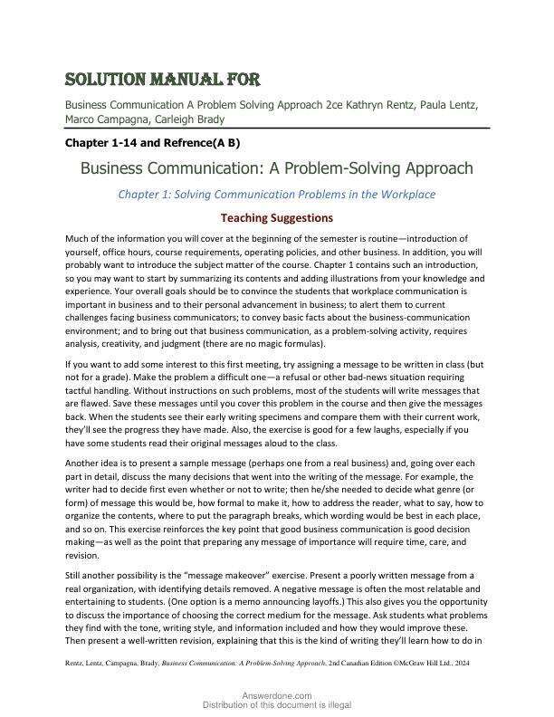Solution Manual for Business Communication A Problem Solving Approach 2nd Canadian Edition by Kathryn Rentz, Paula Lentz, Marco Campagna, Carleigh Brady Chapter 1-14 and Refrence(A B)