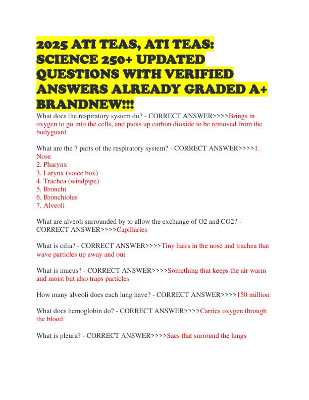 2025 ATI TEAS, ATI TEAS SCIENCE 250+ UPDATED QUESTIONS WITH VERIFIED ANSWERS ALREADY GRADED A+ BRANDNEW!!!