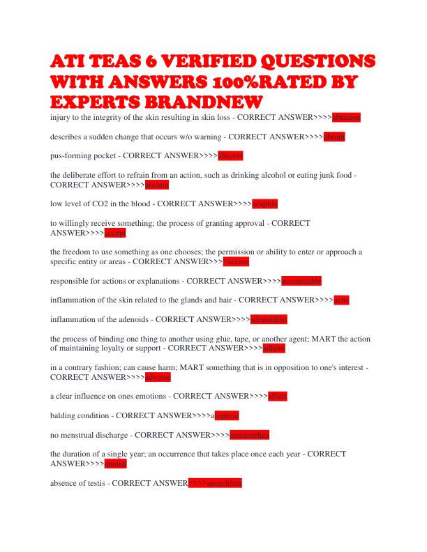 ATI TEAS 6 VERIFIED QUESTIONS WITH ANSWERS 100%RATED BY EXPERTS BRANDNEW