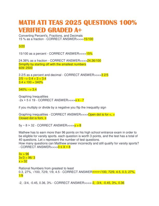 MATH ATI TEAS 2025 QUESTIONS 100% VERIFIED GRADED A+ 