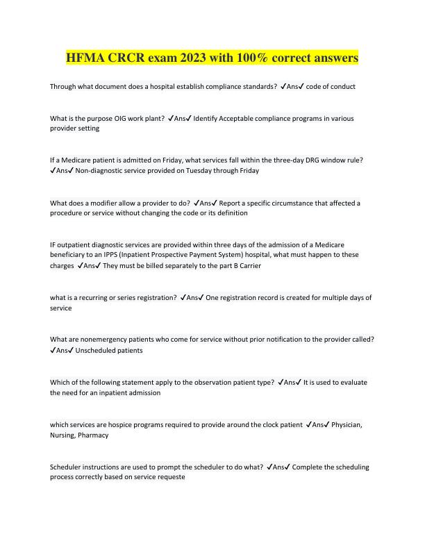 HFMA CRCR exam 2023 with 100% correct answers