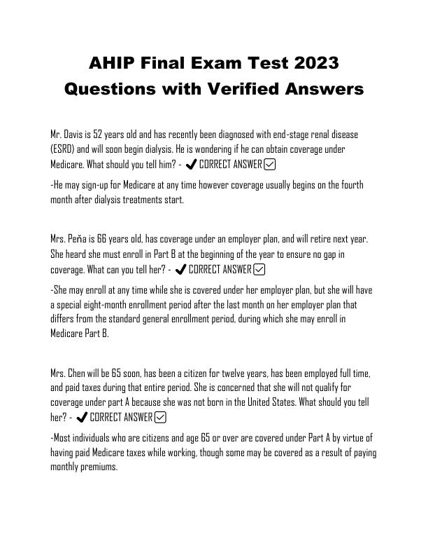 AHIP 2023 Final Exam Review Questions with Verified Answers (Already Graded A+)