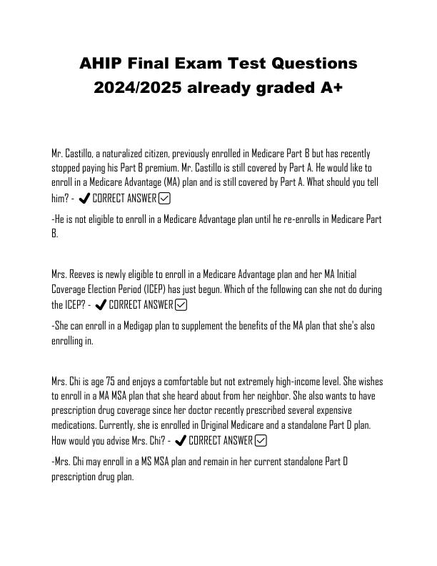 AHIP Final Exam Test Questions 2024 2025 already graded A+