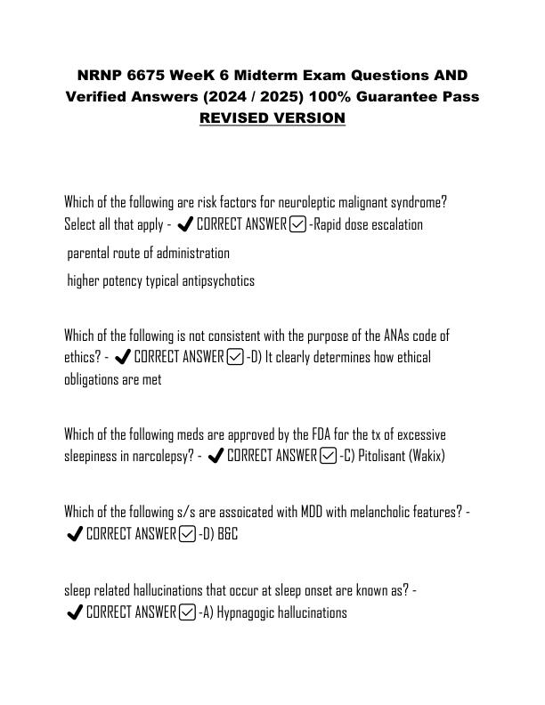 NRNP 6675 WeeK 6 Midterm Exam Questions AND Verified Answers (2024  2025) 100% Guarantee Pass REVISED VERSION
