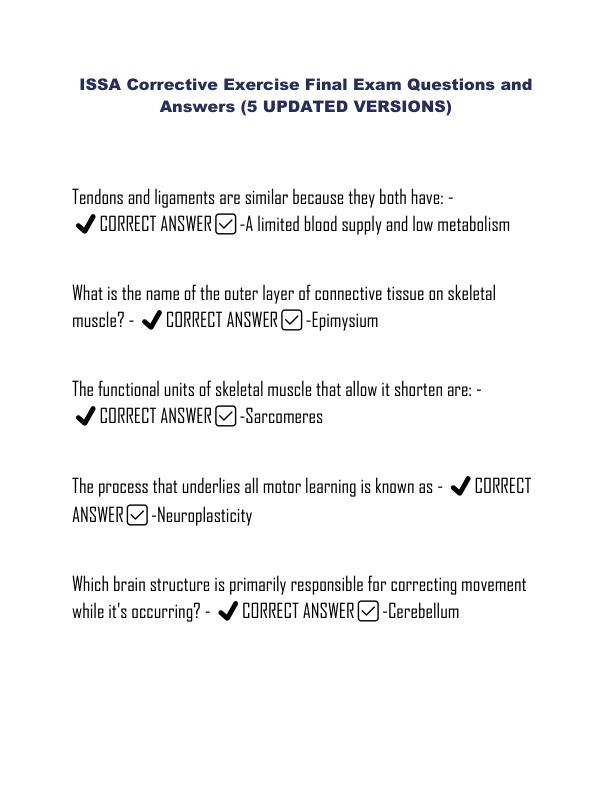 ISSA Corrective Exercise Final Exam Questions and Answers (5 UPDATED VERSIONS)