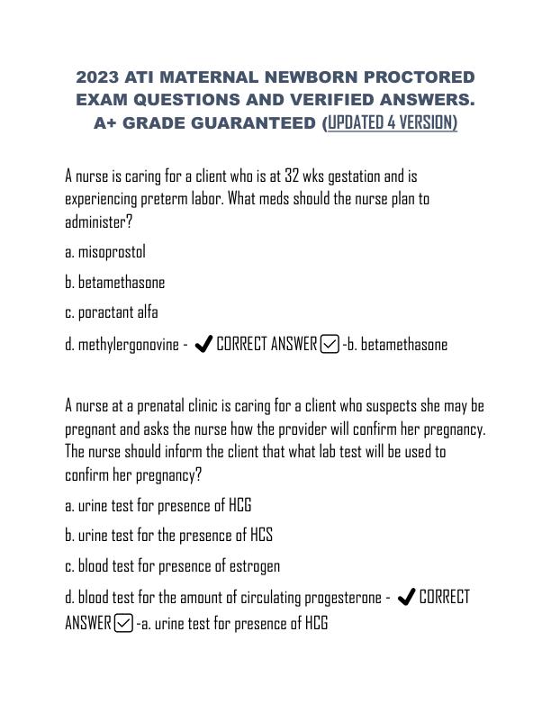 2023 ATI MATERNAL NEWBORN PROCTORED EXAM QUESTIONS AND VERIFIED ANSWERS. A+ GRADE GUARANTEED (UPDATED 4 VERSION)