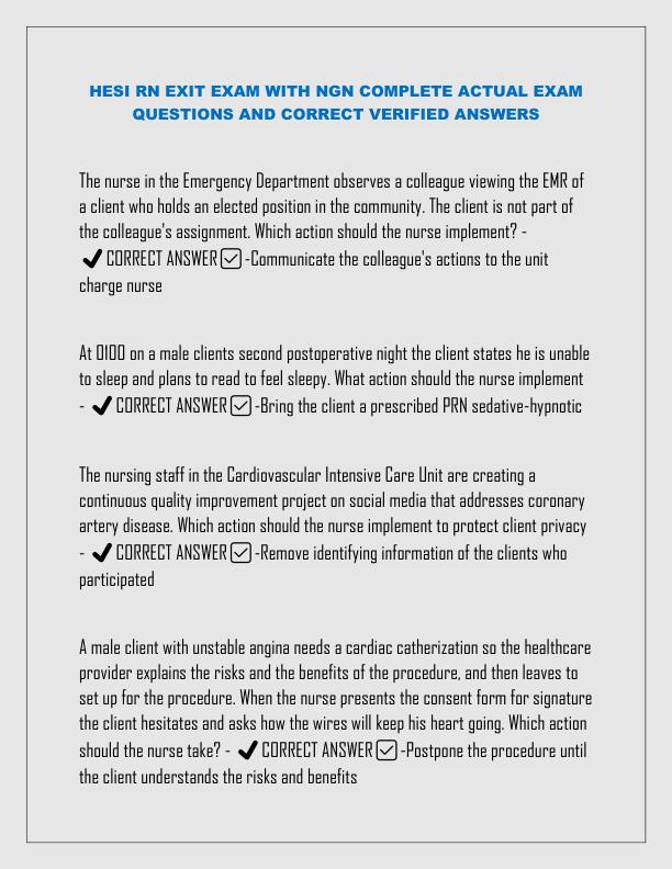 HESI RN EXIT EXAM WITH NGN COMPLETE ACTUAL EXAM QUESTIONS AND CORRECT VERIFIED ANSWERS