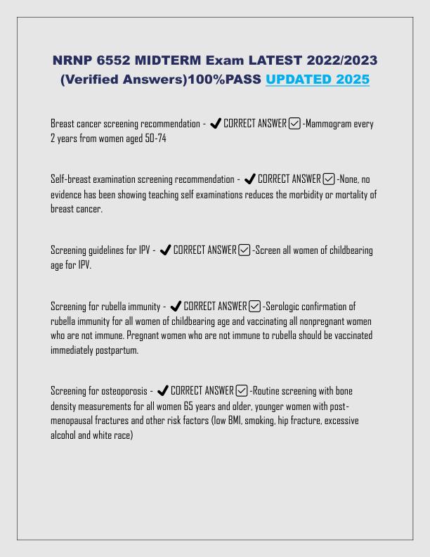NRNP 6552 MIDTERM Exam LATEST 2022 2023 (Verified Answers)100%PASS UPDATED 2025