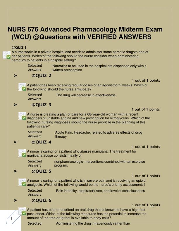 NURS 676 Advanced Pharmacology Midterm Exam (WCU) @Questions with VERIFIED ANSWERS