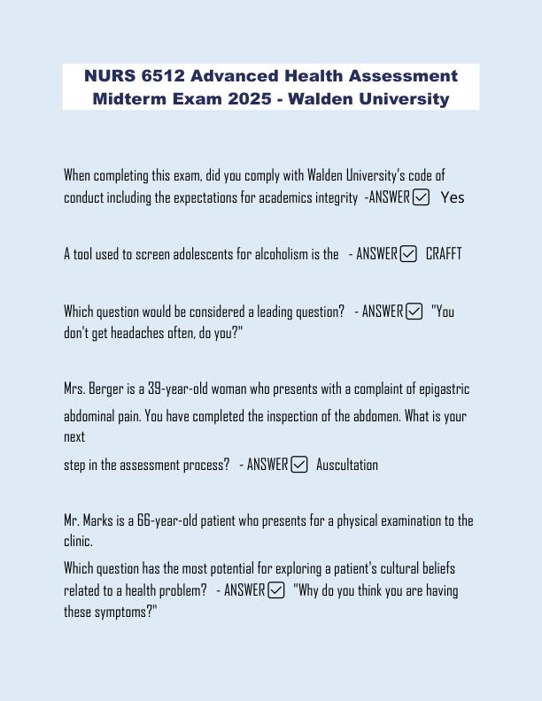 NURS 6512 Advanced Health Assessment Midterm Exam 2025 - Walden University