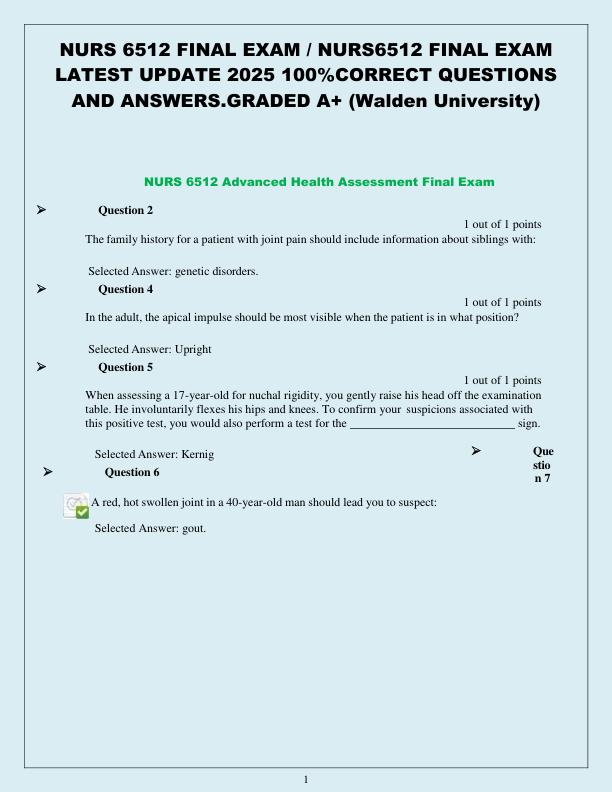 NURS 6512 FINAL EXAM NURS6512 FINAL EXAM LATEST UPDATE 2025 100%CORRECT QUESTIONS AND ANSWERS.GRADED A+ (Walden University)