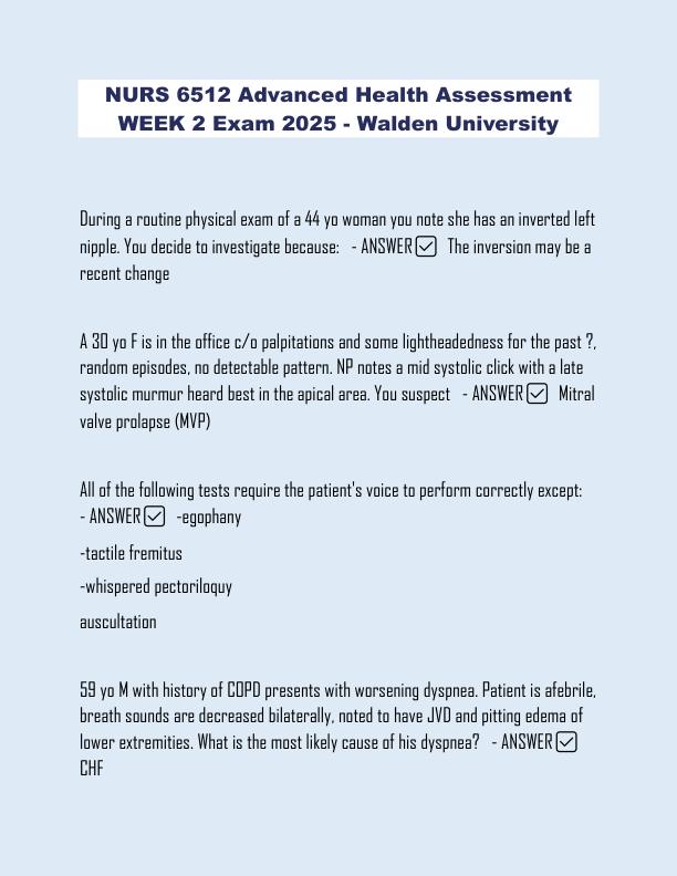 NURS 6512 Advanced Health Assessment WEEK 2 Exam 2025
