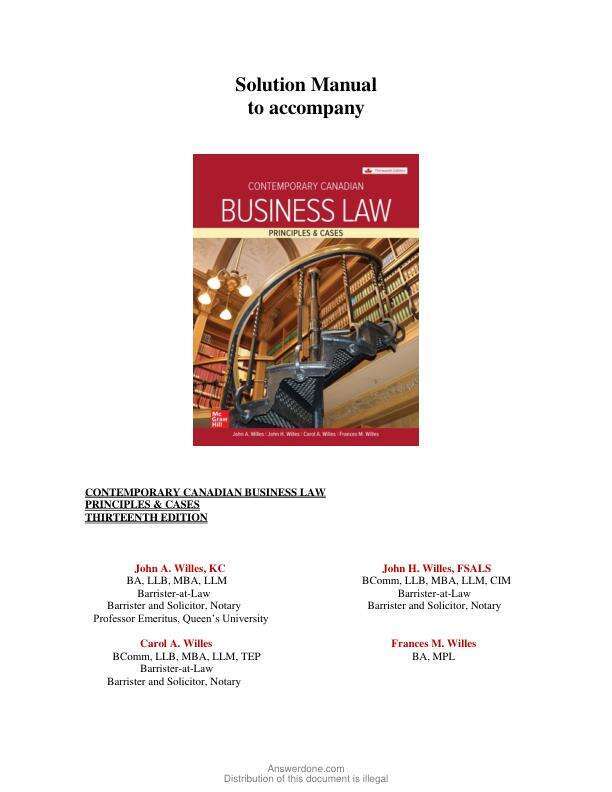 Solution Manual For Contemporary Canadian Business Law 13th Edition by John A Willes, John H Willes, Willes Frances Mary, Willes Carol Alberta Chapter 1-35