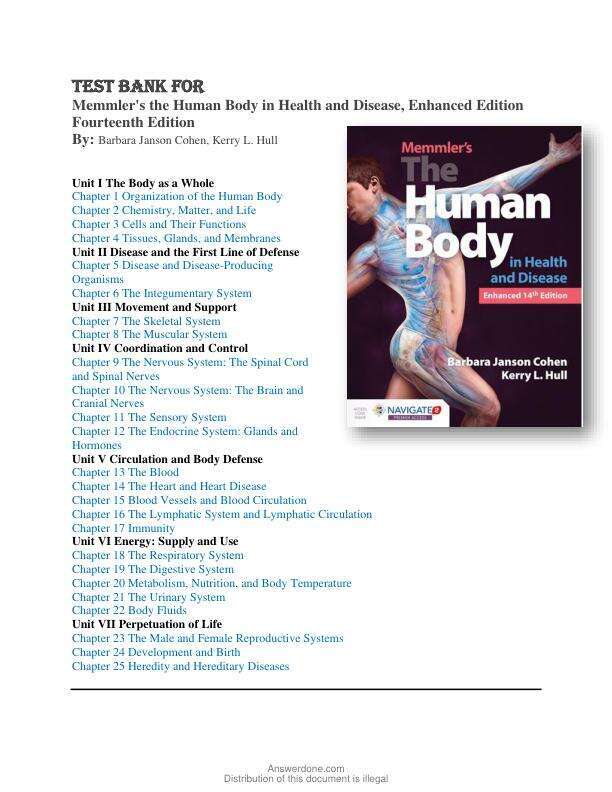 Test Bank for Memmler's the Human Body in Health and Disease, Enhanced Edition 13th Edition By Barbara Janson Cohen, Kerry L. Hull Chapter 1-25
