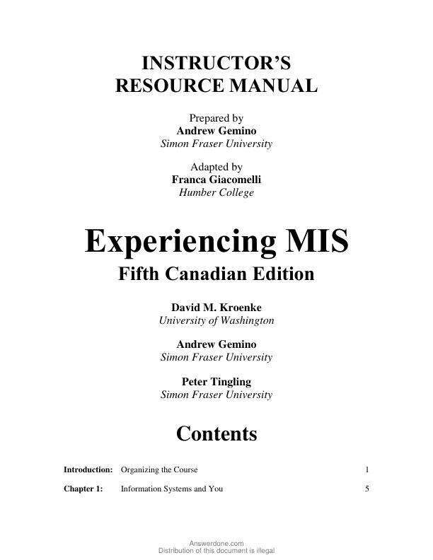 Solution Manual For Experiencing MIS, Canadian Edition, 5th Edition by David M. Kroenke, Randall J Boyle, Andrew Gemino, Peter Tingling Chapter 1-12