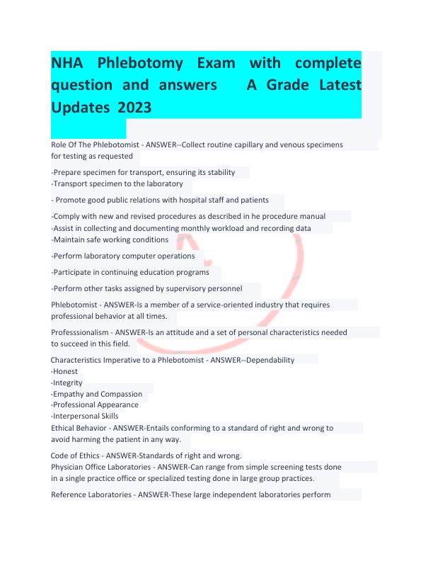 NHA_Phlebotomy_Exam_with_complete_solutions