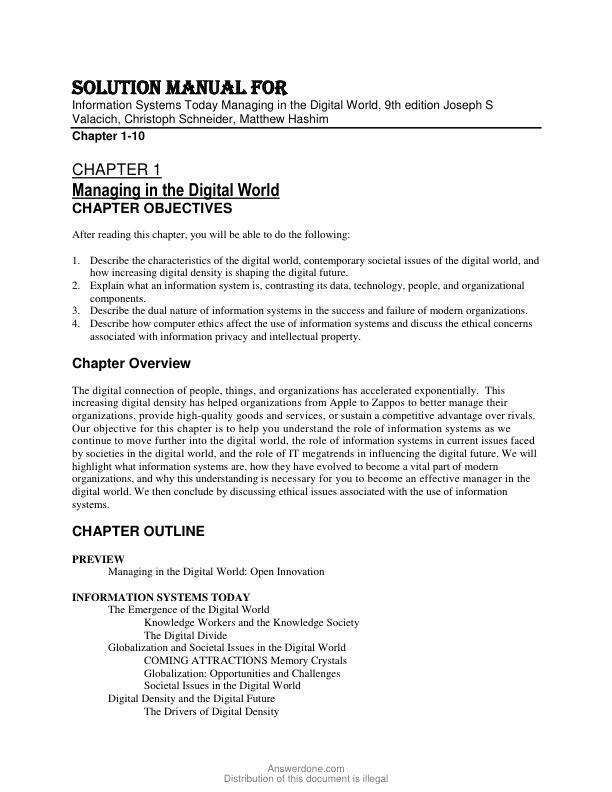 Solution Manual For Information Systems Today Managing in the Digital World, 9th Edition by Joseph S Valacich, Christoph Schneider, Matthew Hashim Chapter 1-10