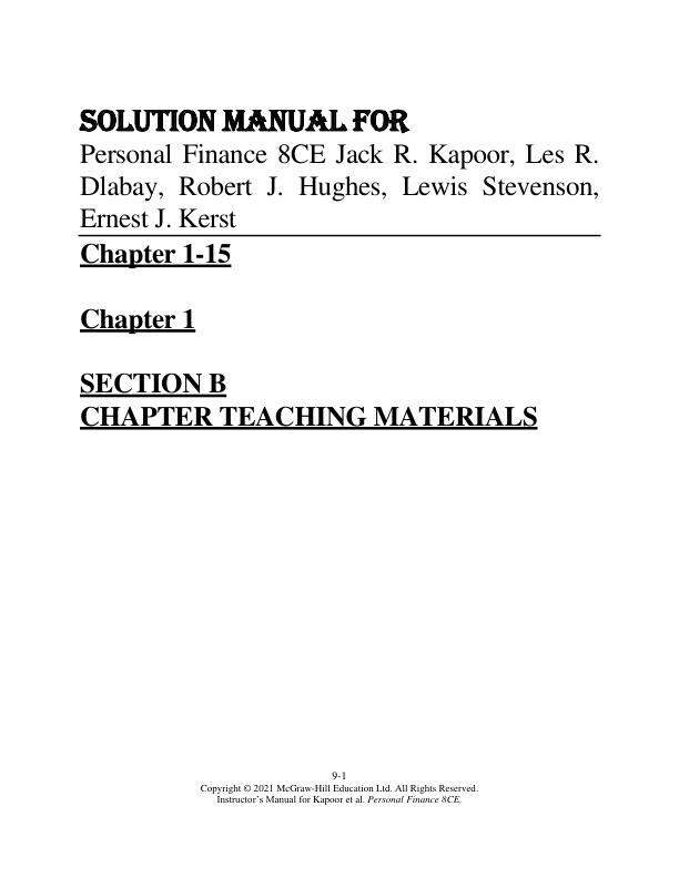 Solution Manual for Personal Finance 8th Canadian Edition by Jack R. Kapoor, Les R. Dlabay, Robert J. Hughes, Lewis Stevenson, Ernest J. Kerst