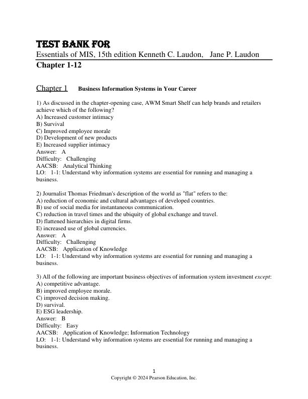 mobile-preview-Test Bank For Essentials of MIS, 15th Edition by Kenneth C. Laudon, Jane P. Laudon