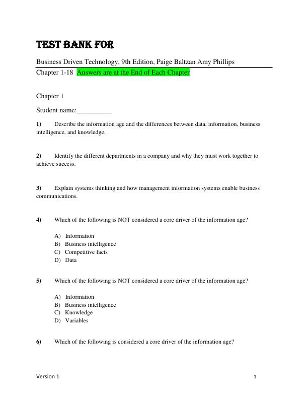 Test Bank for Business Driven Technology, 9th Edition by Paige Baltzan Amy Phillips