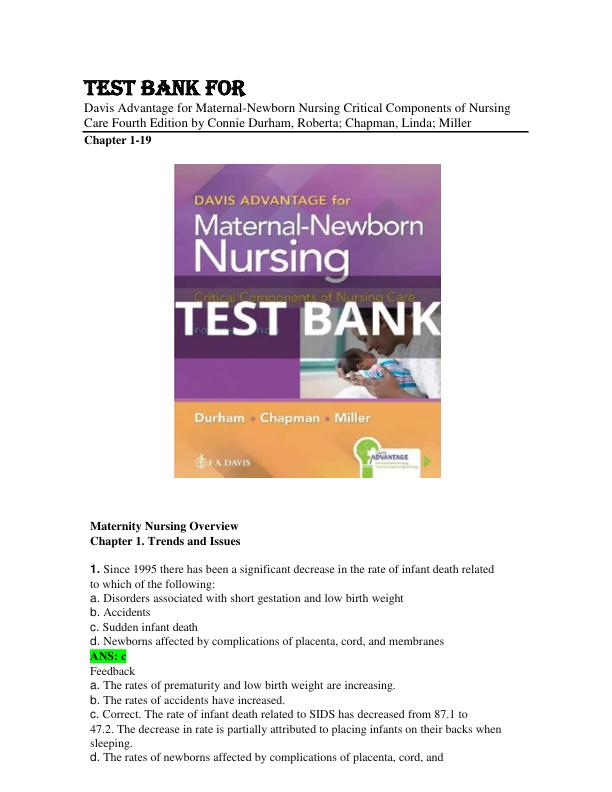 Test Bank for Davis Advantage for Maternal-Newborn Nursing Critical Components of Nursing Care Fourth Edition by Connie Durham, Roberta; Chapman, Linda; Miller
