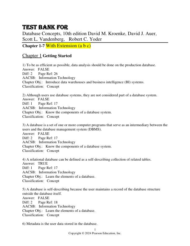 Test Bank for Database Concepts, 10th edition David M. Kroenke,  David J. Auer,  Scott L. Vandenberg,  Robert C. Yoder