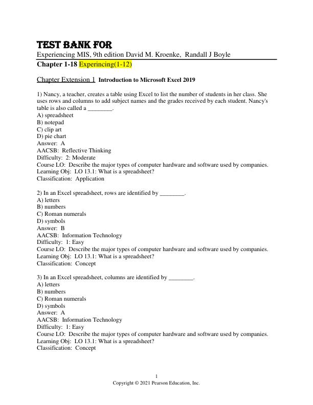 Test Bank for Experiencing MIS, 9th Edition by David M. Kroenke,  Randall J Boyle
