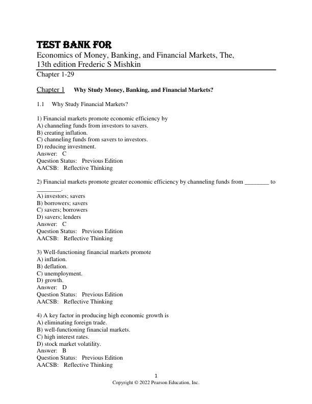 Test Bank for Economics of Money, Banking, and Financial Markets,13th edition Frederic S Mishkin
