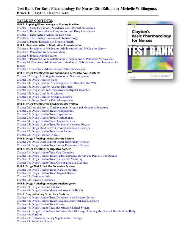 Test Bank Basic Pharmacology for Nurses 18th Edition by Michelle Willihnganz, Bruce D. Clayton Chapter 1-48