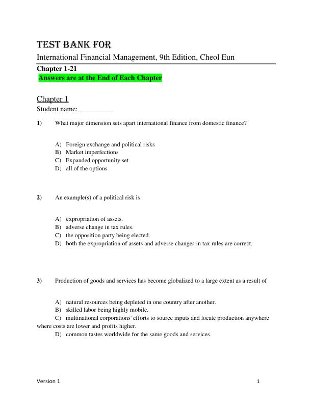 Test Bank For International Financial Management, 9th Edition, by Cheol Eun Chapter 1-21