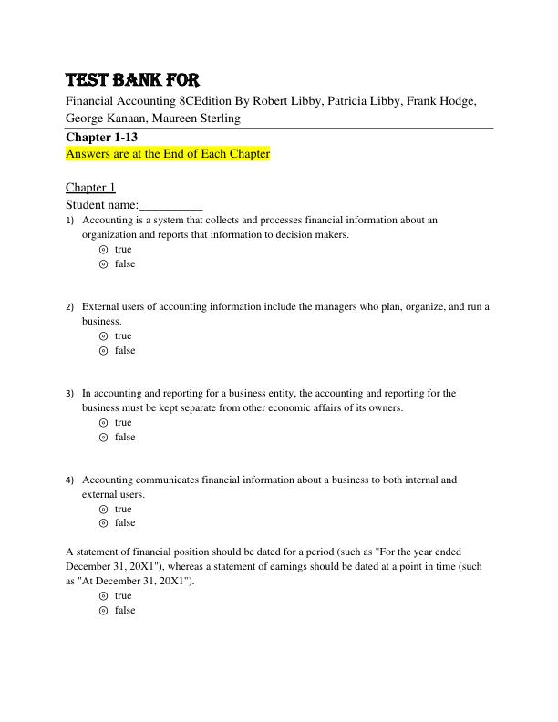 Test Bank for Financial Accounting 8th Canadian Edition By Robert Libby, Patricia Libby, Frank Hodge, George Kana