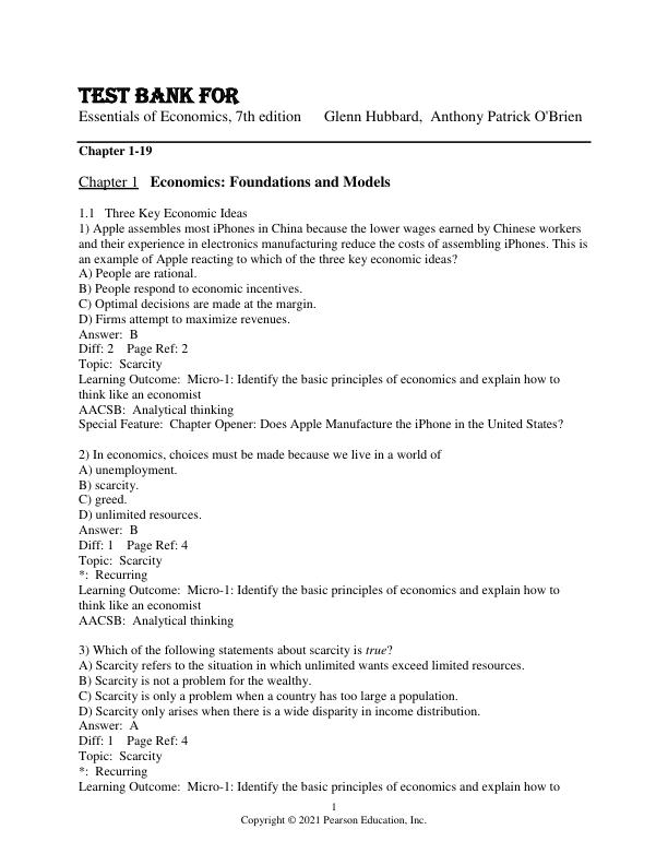 Test Bank For Essentials of Economics, 7th Edition by Glenn Hubbard,  Anthony Patrick O'Brien