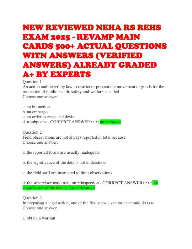 NEW REVIEWED NEHA RS REHS EXAM 2025 - REVAMP MAIN CARDS 500+ ACTUAL QUESTIONS WITN ANSWERS (VERIFIED ANSWERS) ALREADY GRADED A+ BY EXPERTS  
