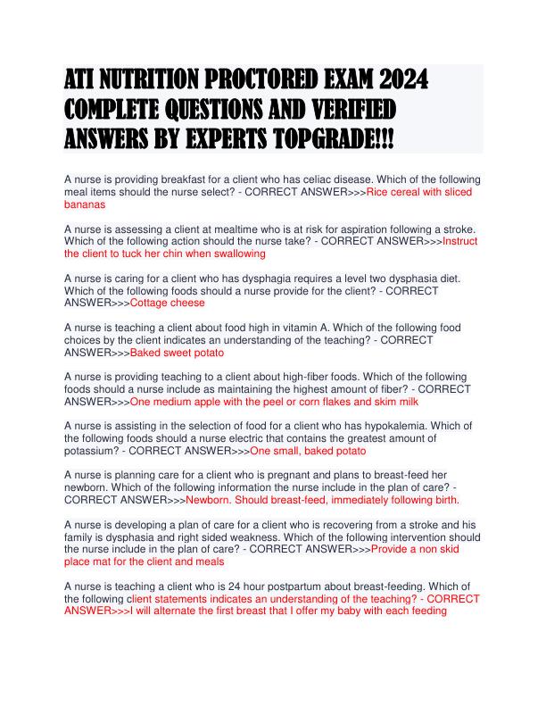 ATI NUTRITION PROCTORED EXAM 2024 COMPLETE QUESTIONS AND VERIFIED ANSWERS BY EXPERTS TOPGRADE!!!