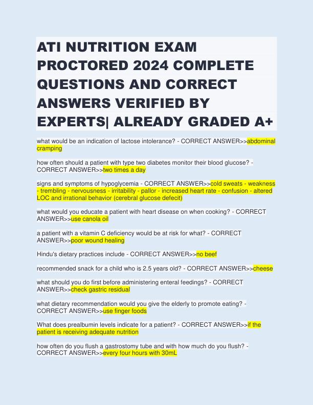 ATI NUTRITION EXAM PROCTORED 2024 COMPLETE QUESTIONS AND CORRECT ANSWERS VERIFIED BY EXPERTS- ALREADY GRADED A+