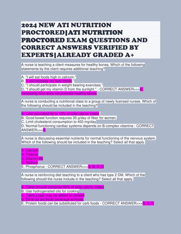 2024 NEW ATI NUTRITION PROCTORED-ATI NUTRITION PROCTORED EXAM QUESTIONS AND CORRECT ANSWERS VERIFIED BY EXPERTS-ALREADY GRADED A+