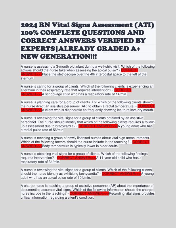 2024 RN Vital Signs Assessment (ATI) 100% COMPLETE QUESTIONS AND CORRECT ANSWERS VERIFIED BY EXPERTS-ALREADY GRADED A+ NEW GENERATION!!!
