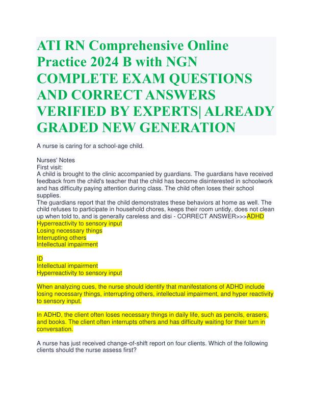 ATI RN Comprehensive Online Practice 2024 B with NGN COMPLETE EXAM QUESTIONS AND CORRECT ANSWERS VERIFIED BY EXPERTS- ALREADY GRADED NEW GENERATION