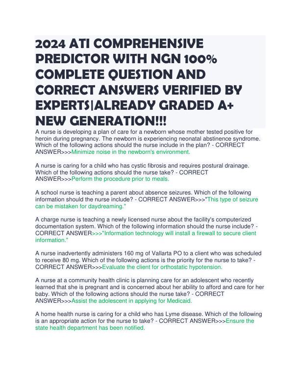 2024 ATI COMPREHENSIVE PREDICTOR WITH NGN 100% COMPLETE QUESTION AND CORRECT ANSWERS VERIFIED BY EXPERTS-ALREADY GRADED A+ NEW GENERATION!!!