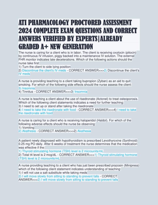 ATI PHARMACOLOGY PROCTORED ASSESSMENT 2024 COMPLETE EXAM QUESTIONS AND CORRECT ANSWERS VERIFIED BY EXPERTS-ALREADY GRADED A+ NEW GENERATION
