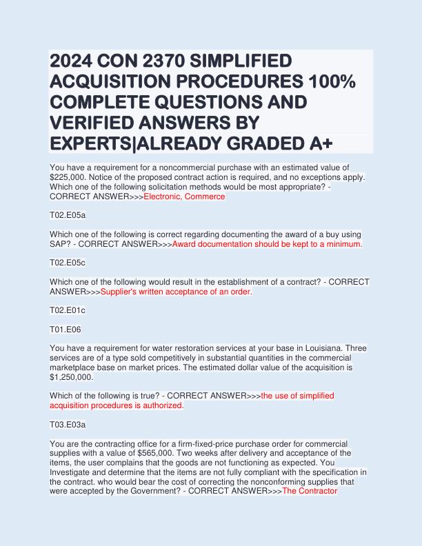 2024 CON 2370 SIMPLIFIED ACQUISITION PROCEDURES 100% COMPLETE QUESTIONS AND VERIFIED ANSWERS BY EXPERTS-ALREADY GRADED A+