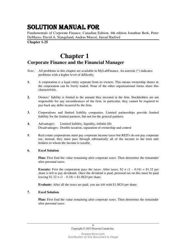 Solution Manual For Fundamentals of Corporate Finance, Canadian Edition, 4th Edition by Jonathan Berk, Peter DeMarzo, David A. Stangeland, Andras Marosi, Jarrad Harford Chapter 1-25