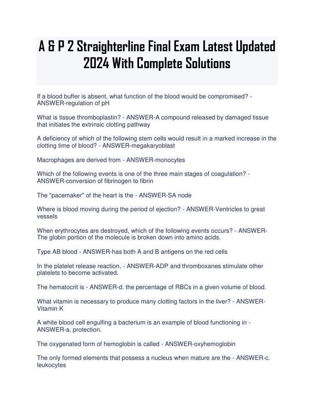 A & P 2 Straighterline Final Exam Latest Updated 2024 With Complete Solutions