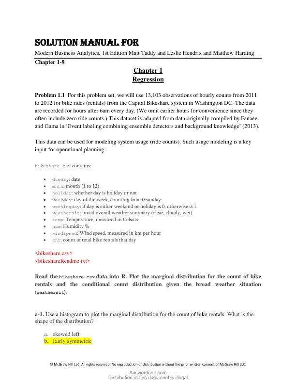 Solution Manual For Modern Business Analytics, 1st Edition by Matt Taddy and Leslie Hendrix and Matthew Harding Chapter 1-9