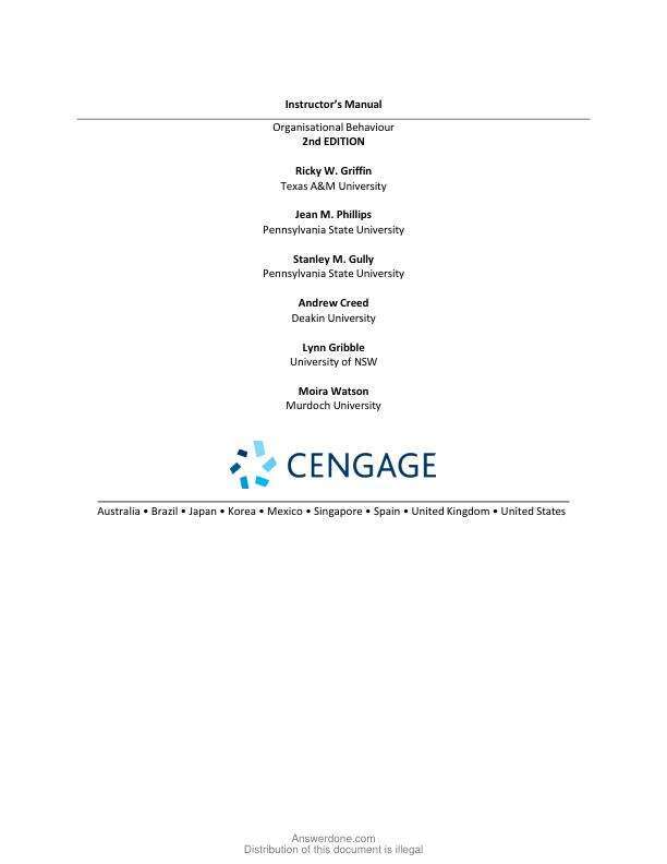 Solution Manual For Organisational Behaviour Engaging People and Organisations, 2nd Edition by Ricky W. GriffinJean M. PhillipsStanley M. GullyAndrew CreedLynn GribbleMoira Watson Chapter 1-14