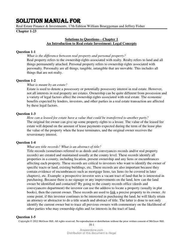 Solution Manual For Real Estate Finance & Investments, 17th Edition by William Brueggeman and Jeffrey Fisher Chapter 1-23