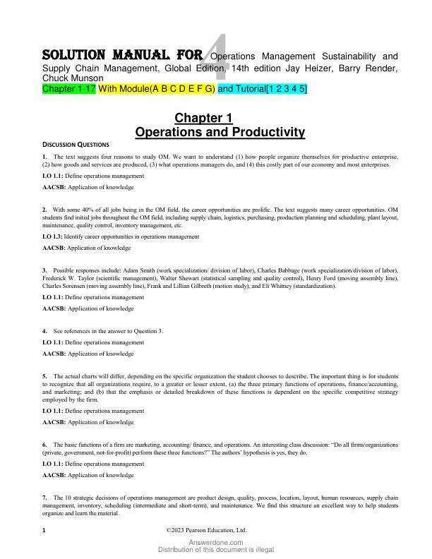 Solution Manual For Operations Management Sustainability and Supply Chain Management, Global Edition, 14th Edition by Jay Heizer, Barry Render, Chuck Munson Chapter 1-17With Module(a b c d e f g) and Tutuorial[1 2 3 4]