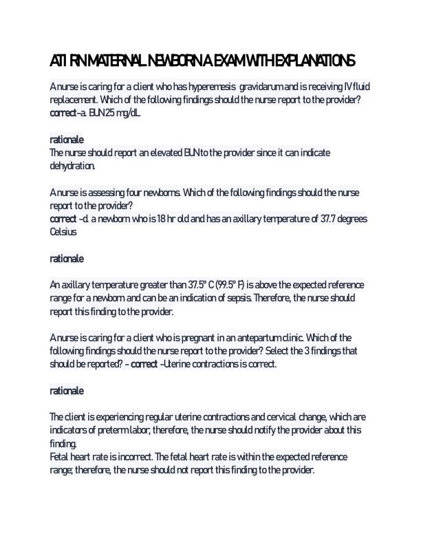ATI RN MATERNAL NEWBORN A EXAM WITH EXPLANATIONS