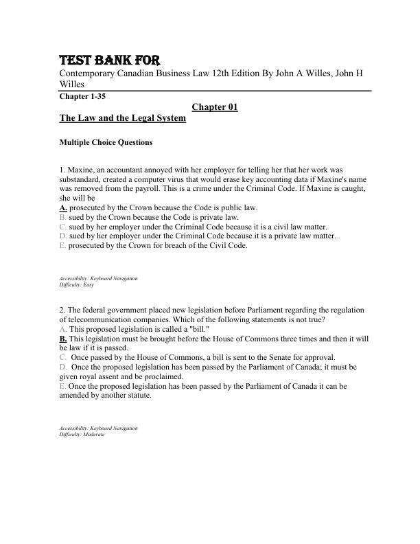 Test Bank For Contemporary Canadian Business Law 12th Edition By John A Willes, John H Willes Chapter 1-35